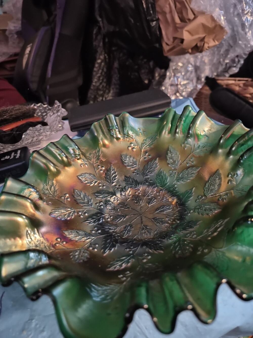 Vintage Fenton Carnival Glass Bowl In An Green Iridescence Finish with...